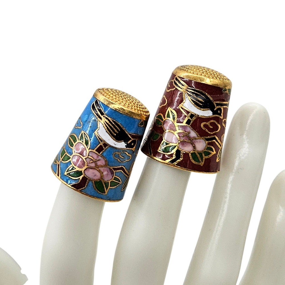 Vintage Cloisonne Enamel Thimbles Set of 2 Bird and Floral Blue Burgundy Gold